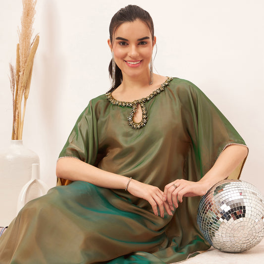 Green Crystal Embroidered Round Kaftan