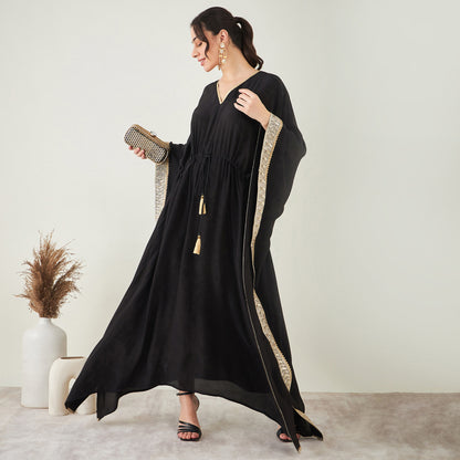 Black Full Length Kaftan with Gold Lace Detail