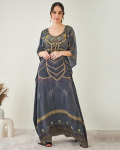 Grey and Gold Tribal Print Embellished Silk Full Length Kaftan