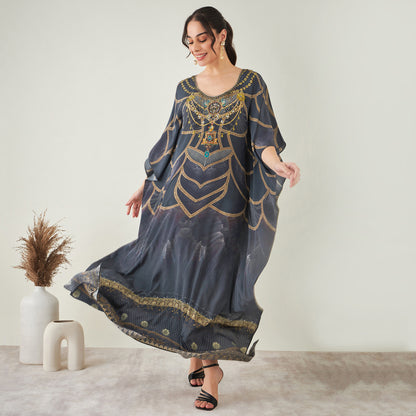 Grey and Gold Tribal Print Embellished Silk Full Length Kaftan