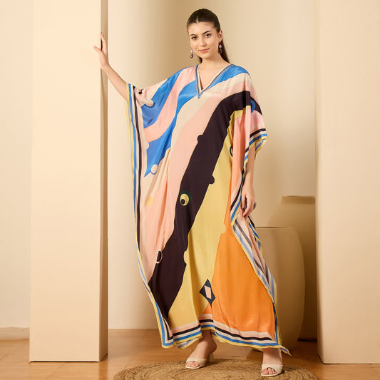 Pink and Orange Ripple Print Embellished Full Length Kaftan