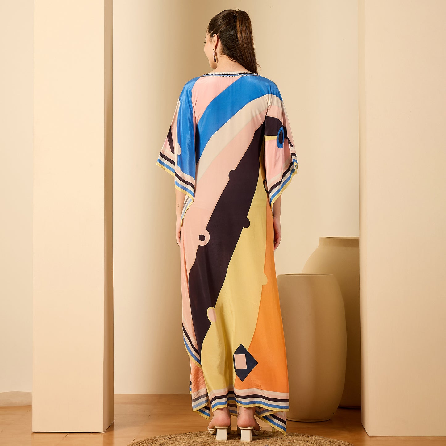 Pink and Orange Ripple Print Embellished Full Length Kaftan
