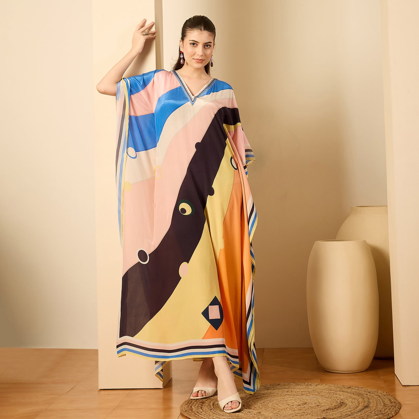 Pink and Orange Ripple Print Embellished Full Length Kaftan