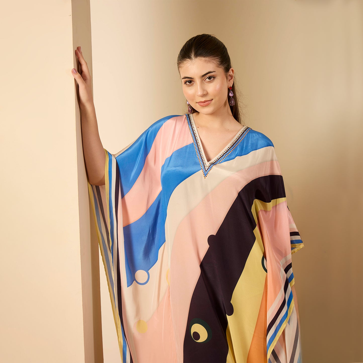 Pink and Orange Ripple Print Embellished Full Length Kaftan