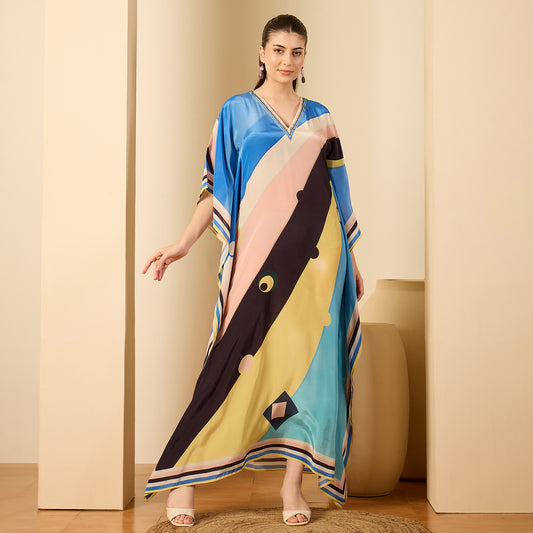 Pink and Yellow Ripple Print Embellished Full Length Kaftan
