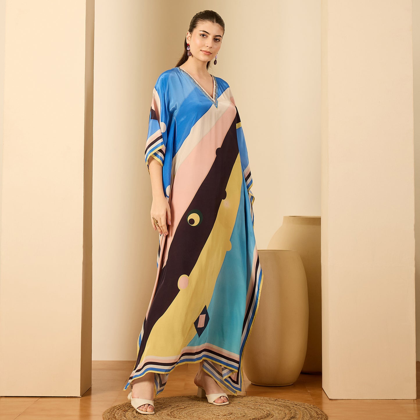 Pink and Yellow Ripple Print Embellished Full Length Kaftan