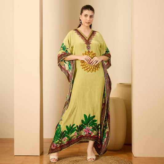 Light Green Tropical Jungle Animal Print Full Length Kaftan