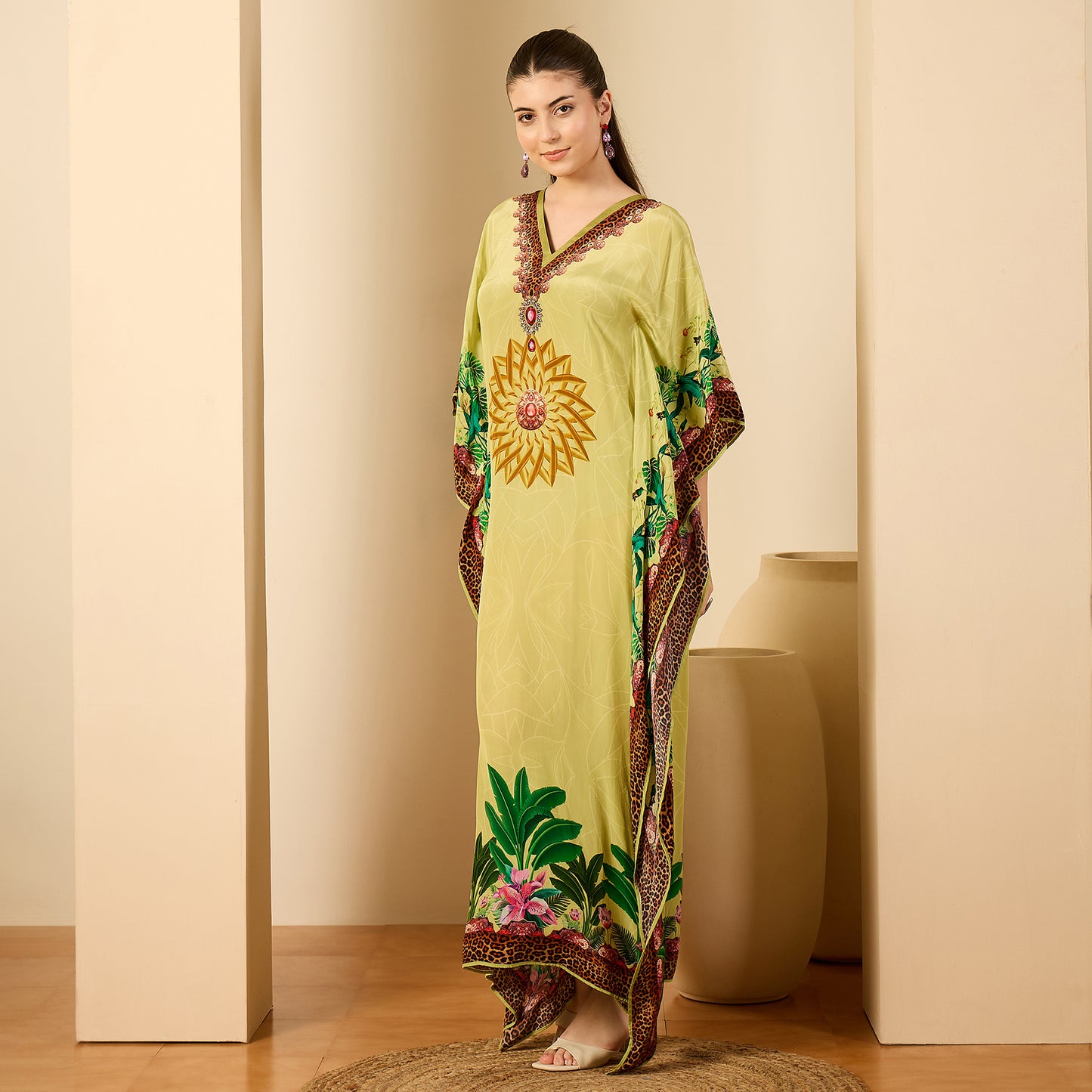 Light Green Tropical Jungle Animal Print Full Length Kaftan