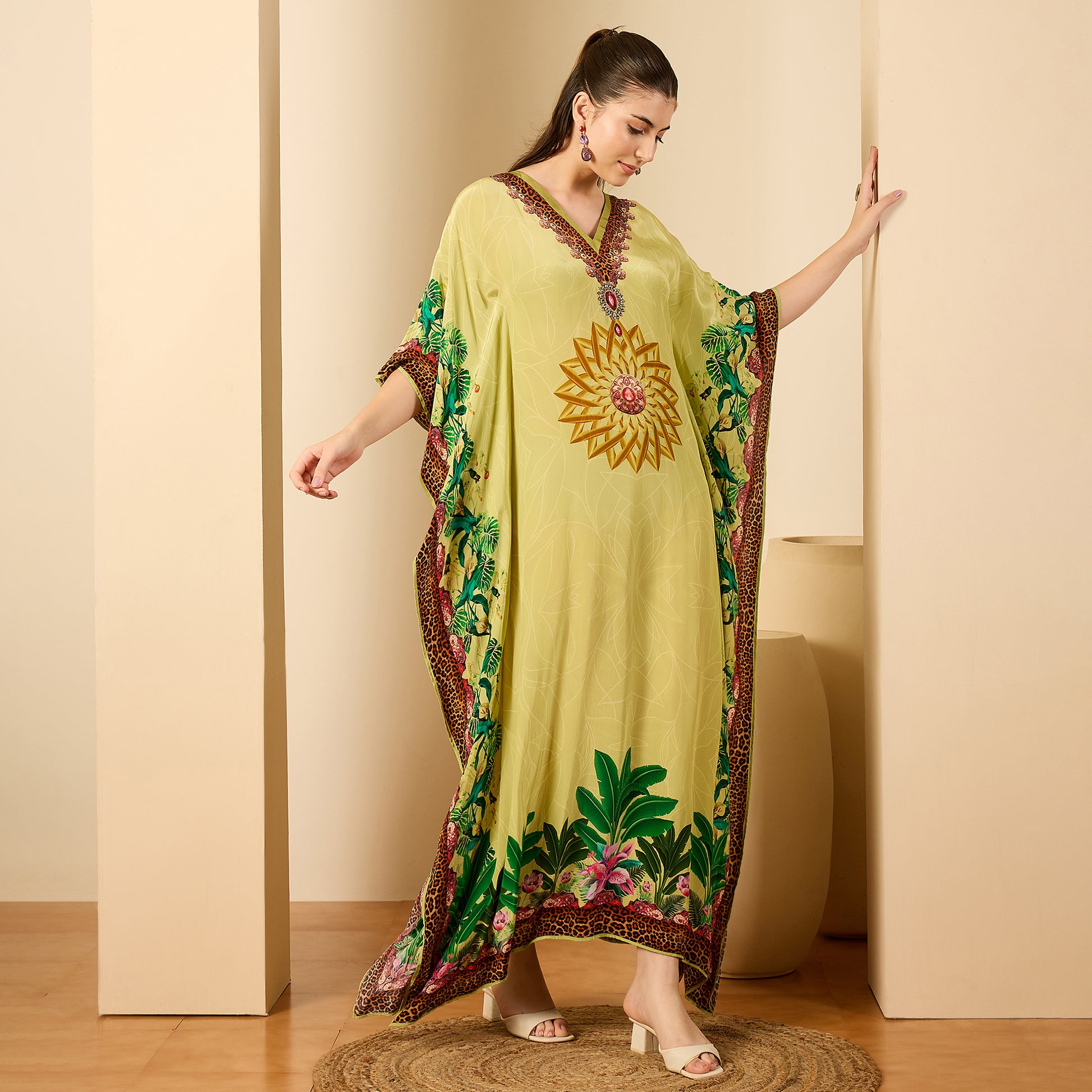 Light Green Tropical Jungle Animal Print Full Length Kaftan XS