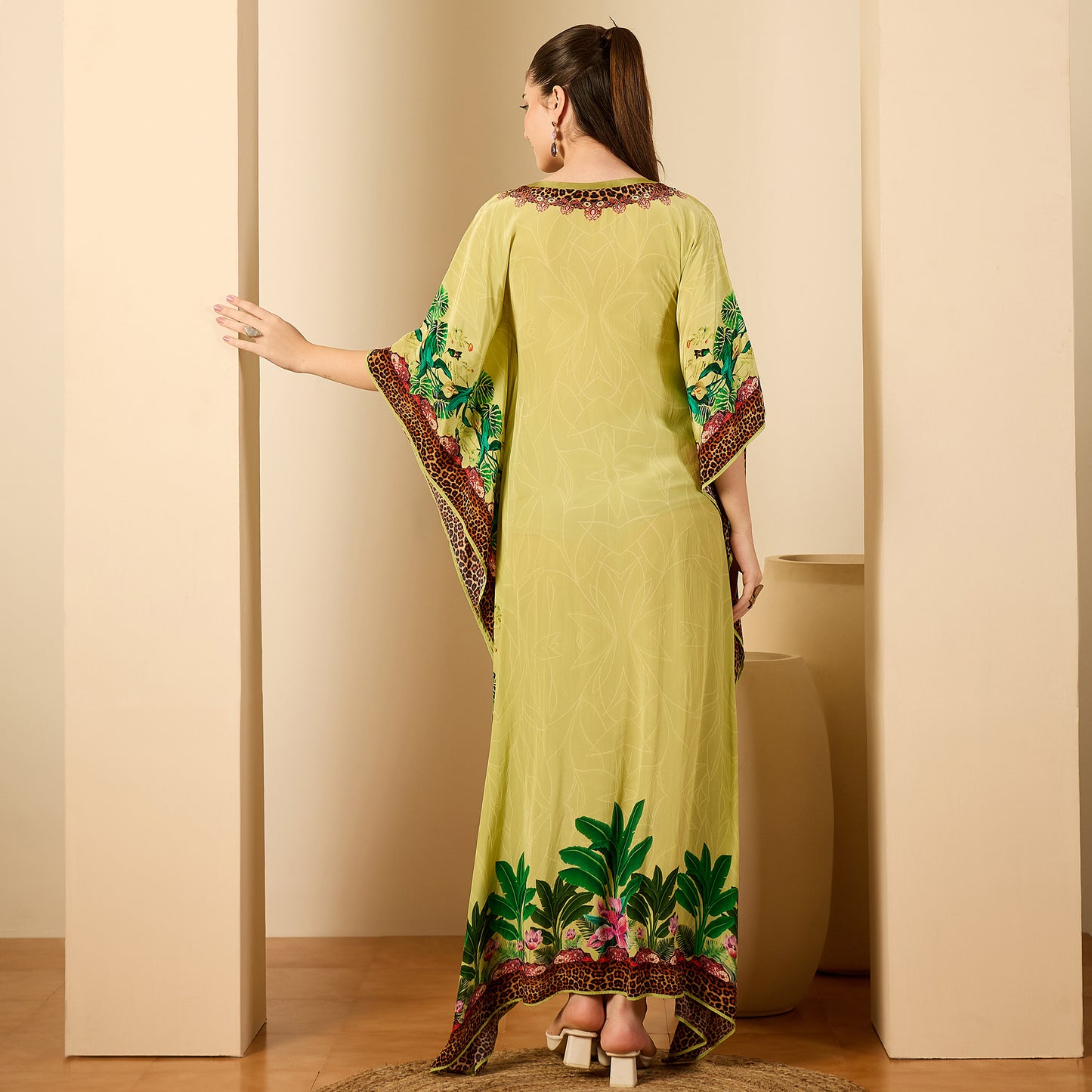 Light Green Tropical Jungle Animal Print Full Length Kaftan
