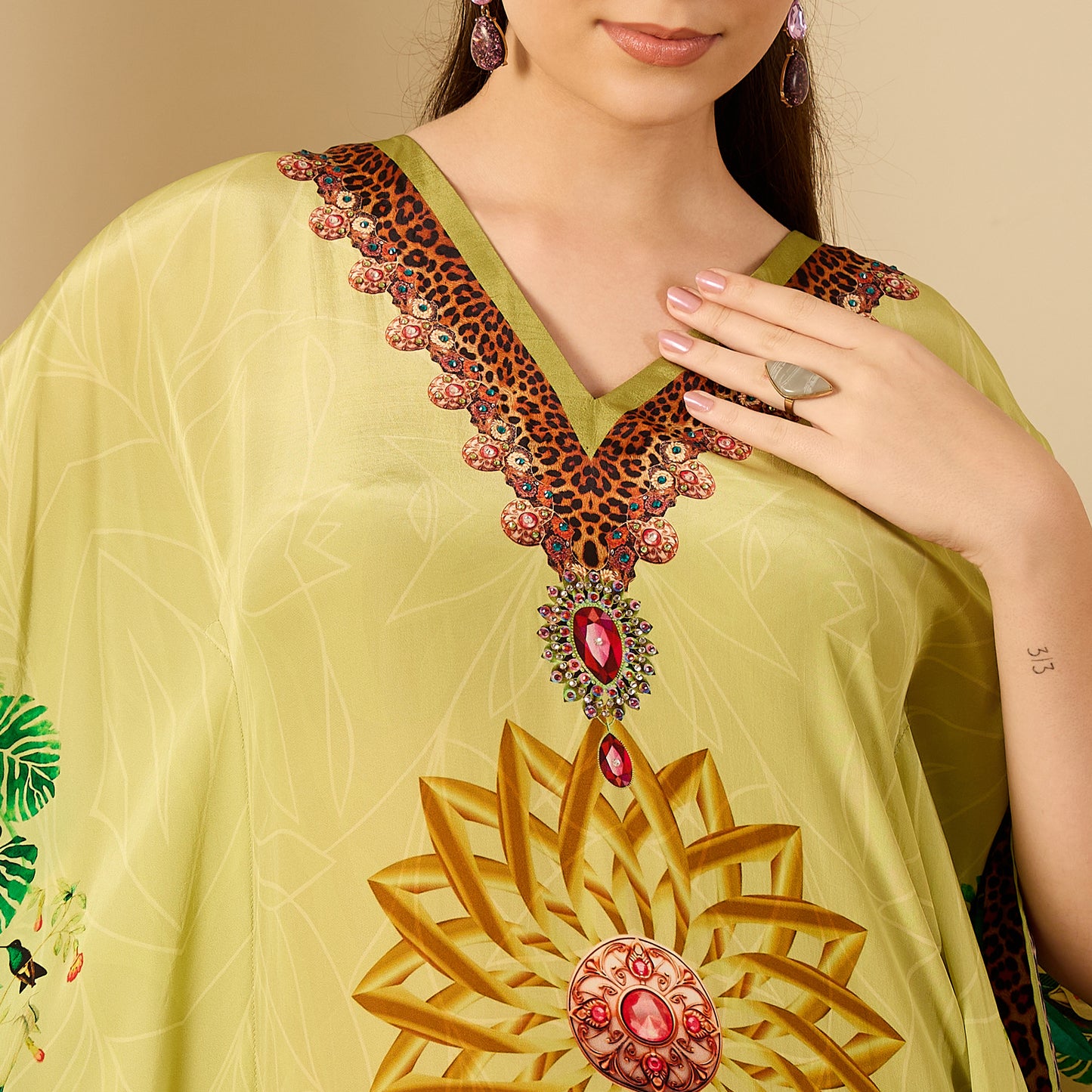 Light Green Tropical Jungle Animal Print Full Length Kaftan