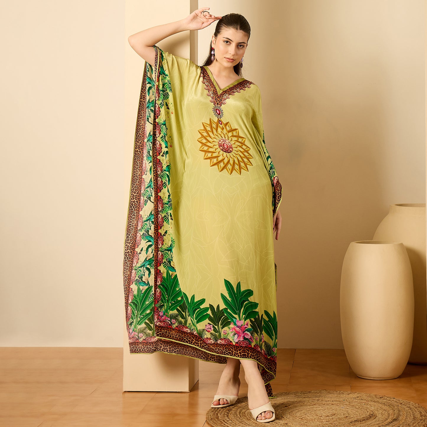 Light Green Tropical Jungle Animal Print Full Length Kaftan