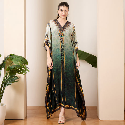Green Tropical Tiger Stripes Printed Full Length Kaftan