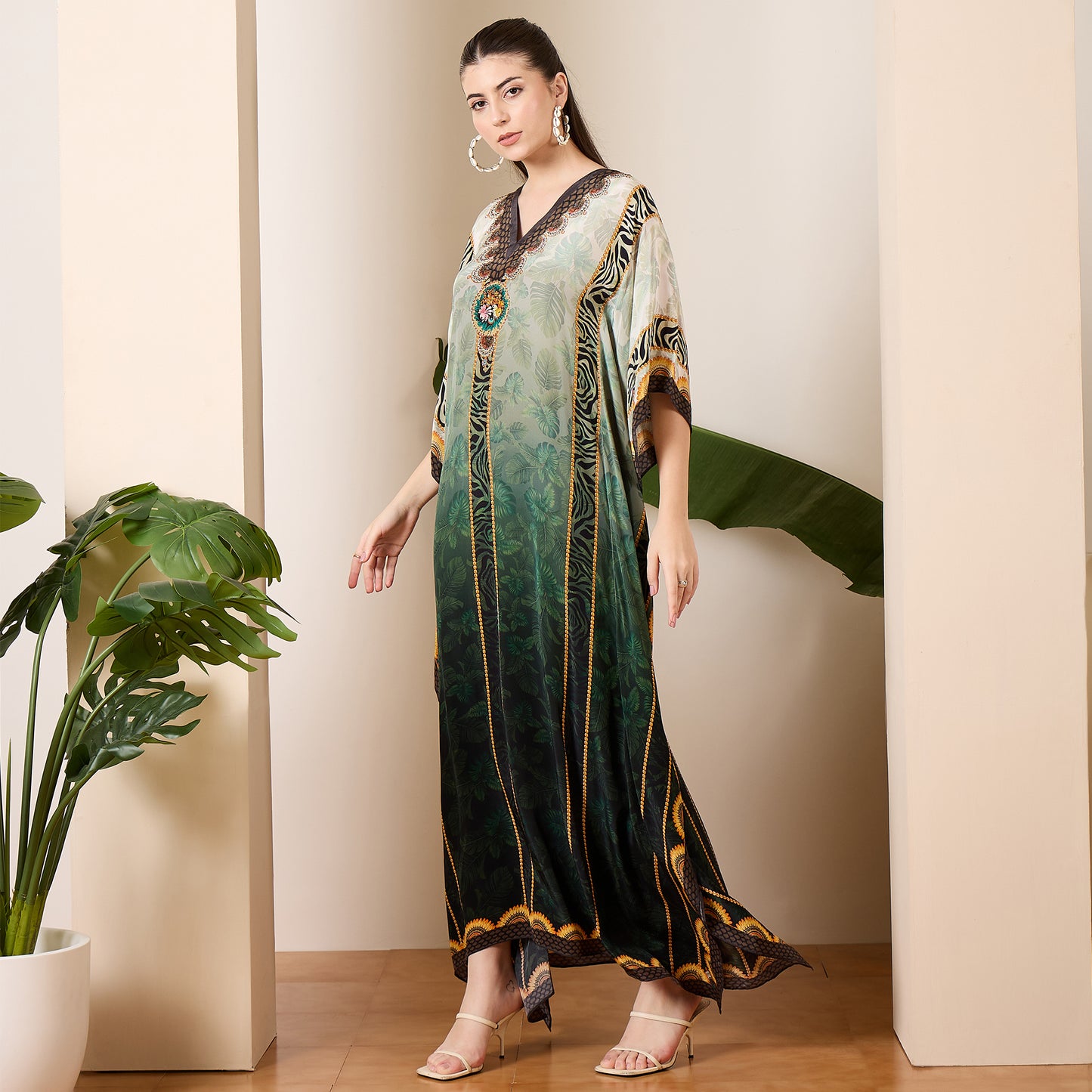 Green Tropical Tiger Stripes Printed Full Length Kaftan