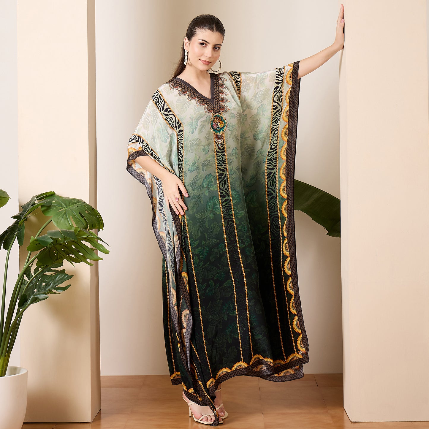 Green Tropical Tiger Stripes Printed Full Length Kaftan