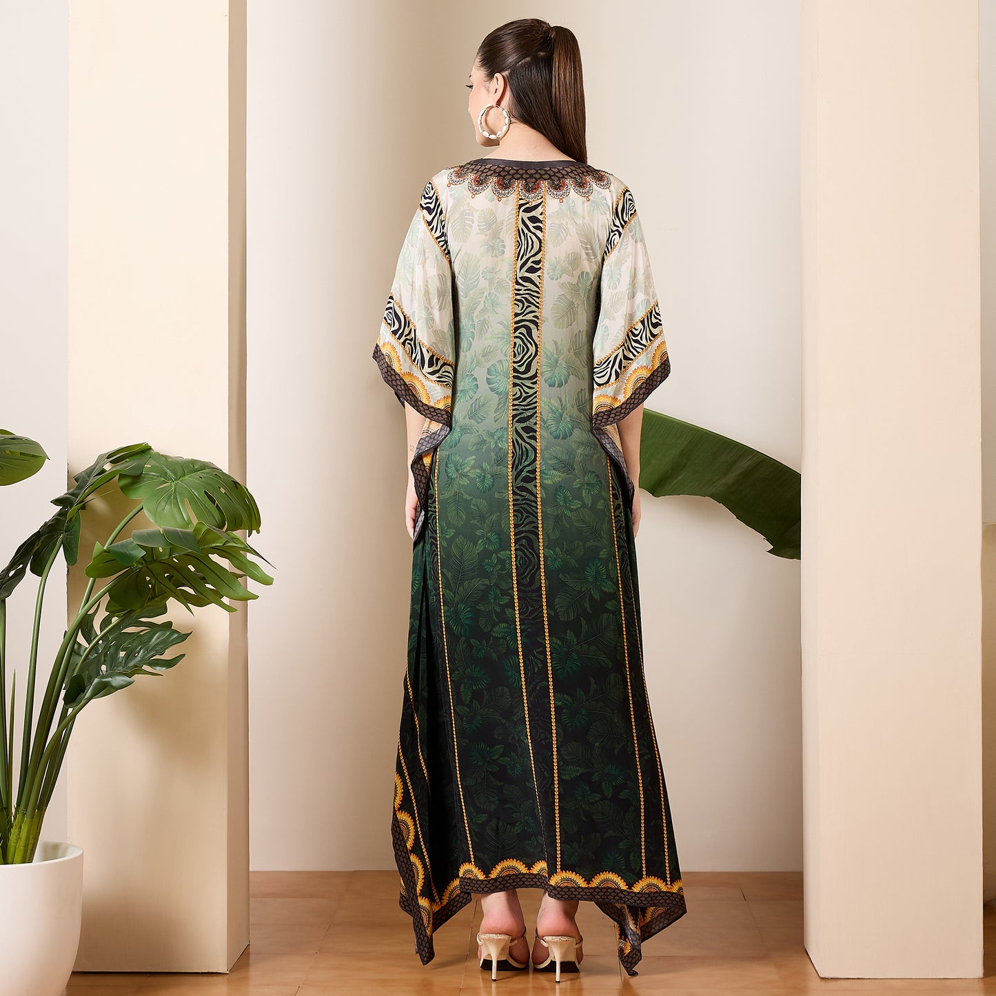 Green Tropical Tiger Stripes Printed Full Length Kaftan