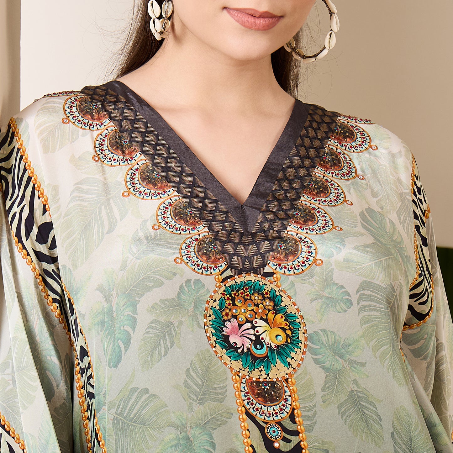 Green Tropical Tiger Stripes Printed Full Length Kaftan