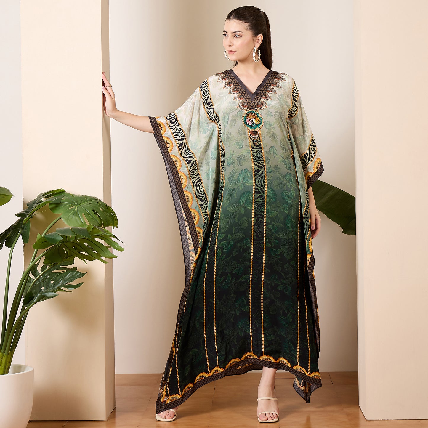 Green Tropical Tiger Stripes Printed Full Length Kaftan