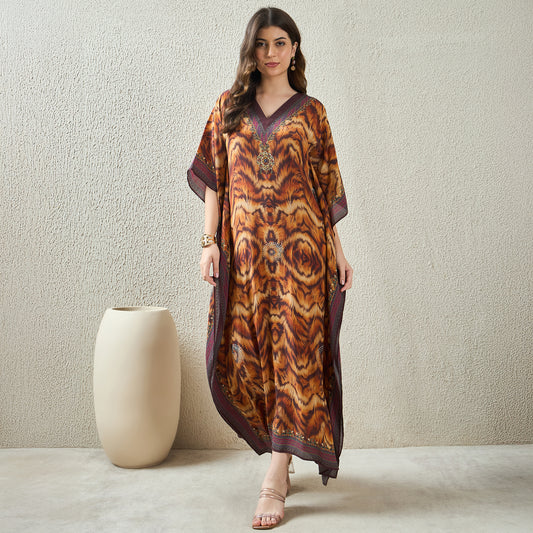 Brown Animal Jewel Print Full Length Kaftan