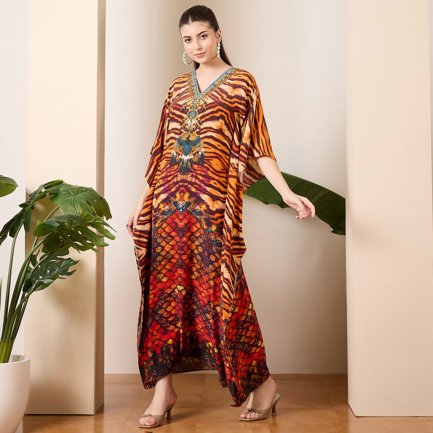 Brown and Orange Scallop Animal Print Full Length Kaftan