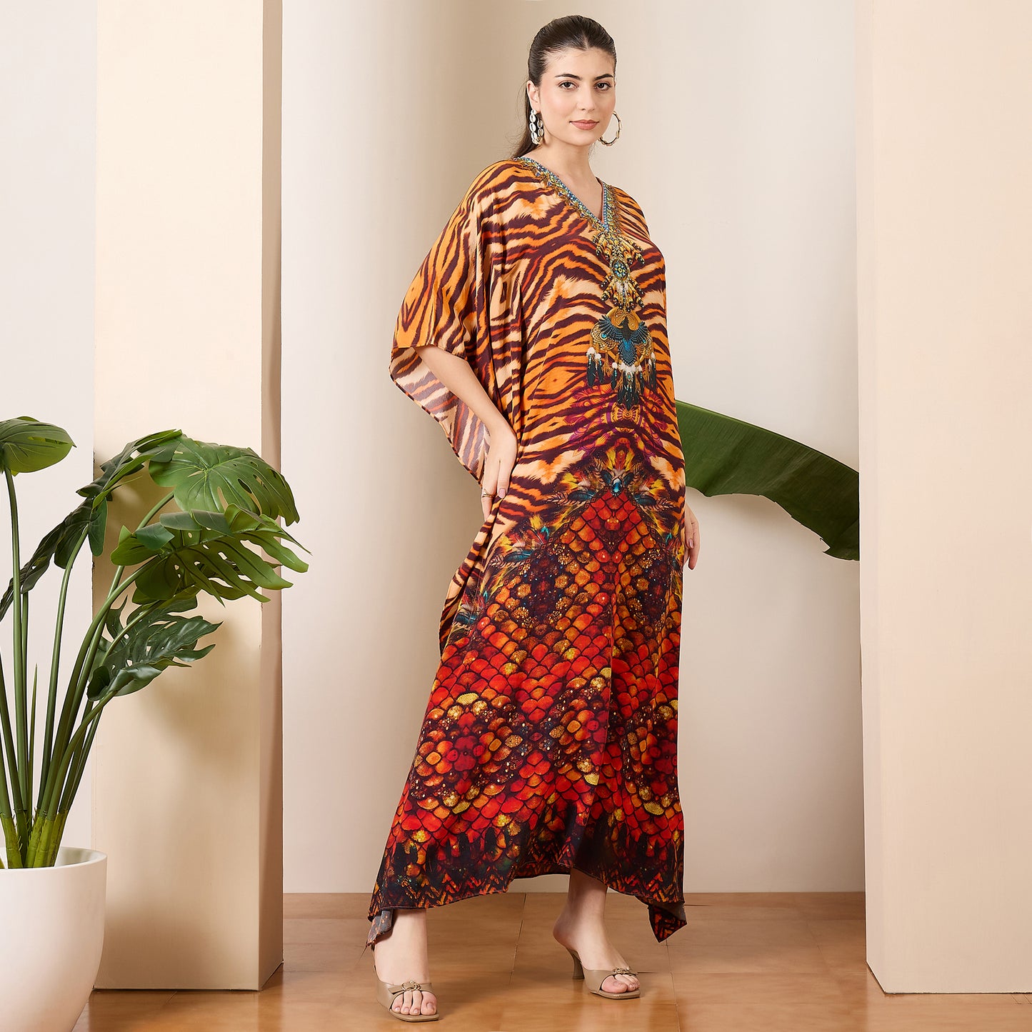 Brown and Orange Scallop Animal Print Full Length Kaftan