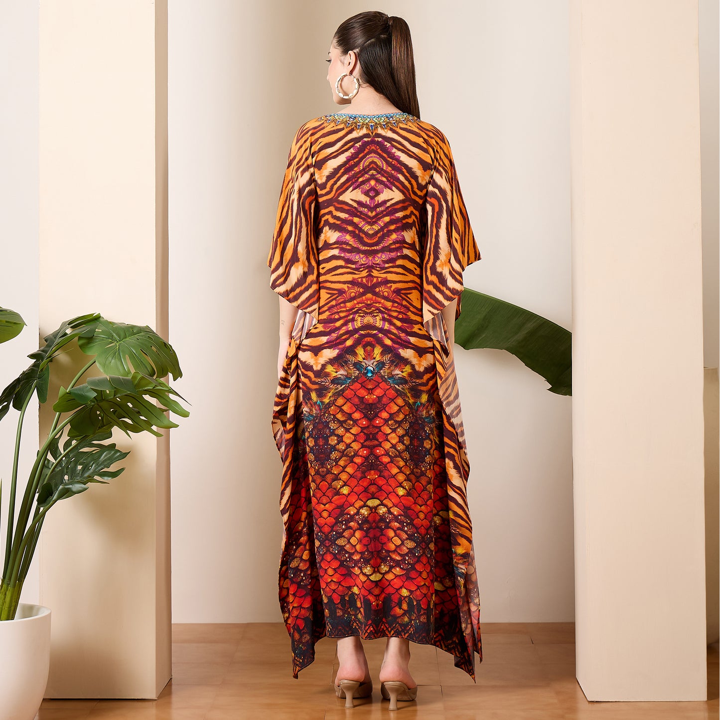 Brown and Orange Scallop Animal Print Full Length Kaftan
