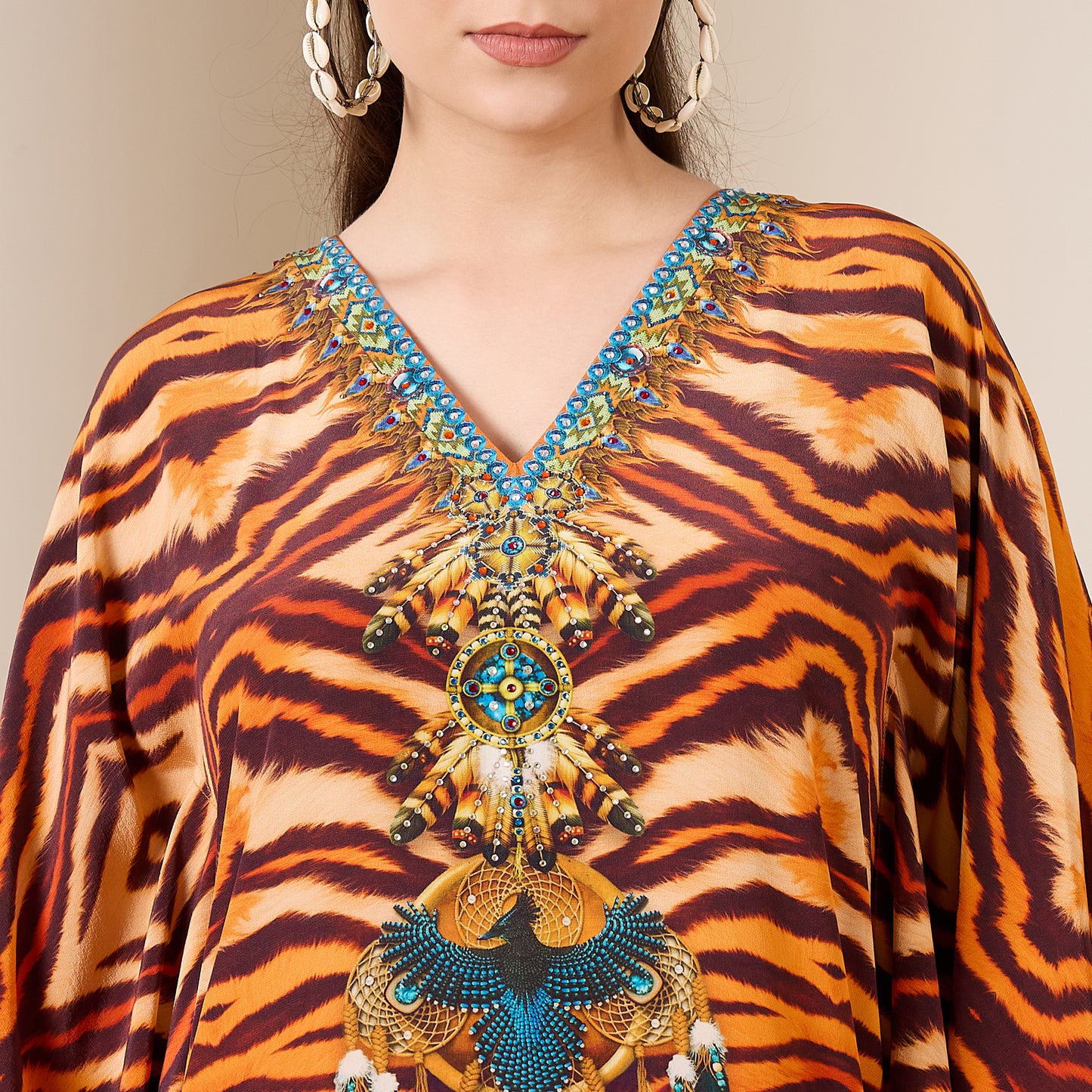 Brown and Orange Scallop Animal Print Full Length Kaftan