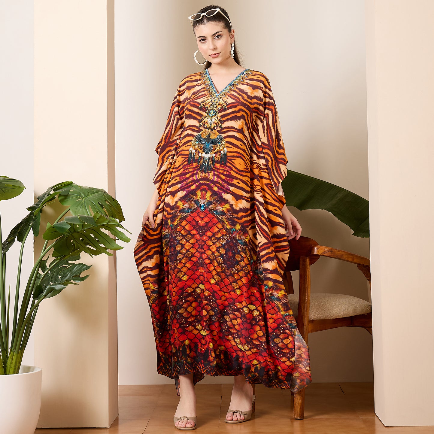 Brown and Orange Scallop Animal Print Full Length Kaftan