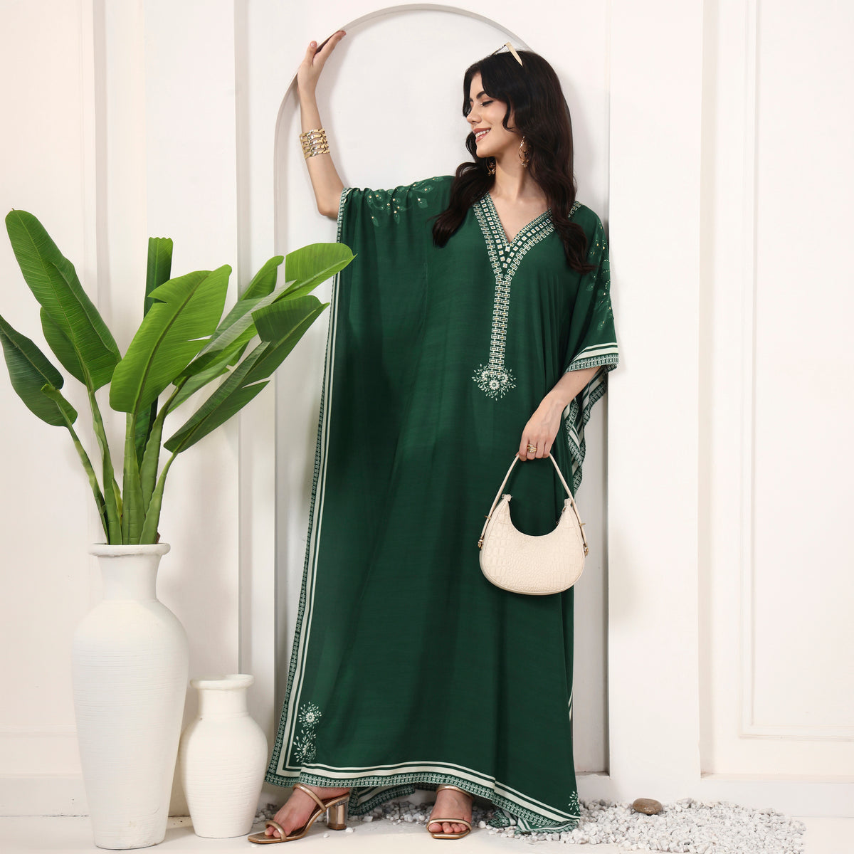 Green Geometric Print Kaftan for Women – Muslin – Front View | First Resort by Ramola Bachchan