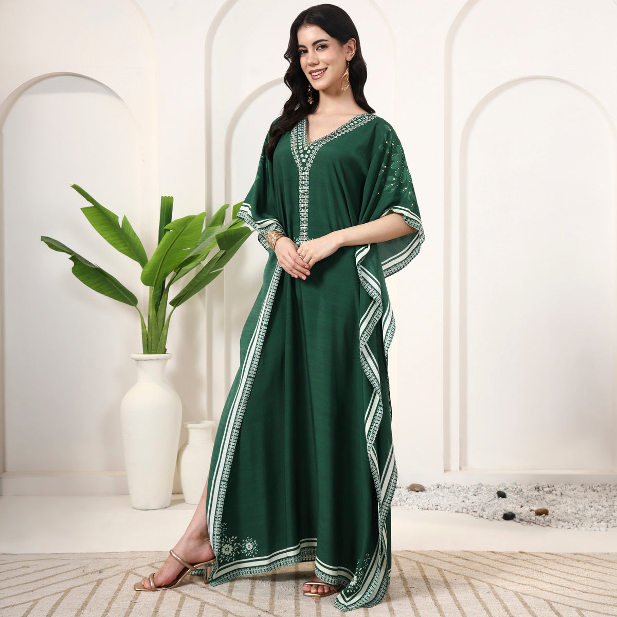 Green Geometric Print Kaftan for Women – Muslin – Model View | First Resort by Ramola Bachchan