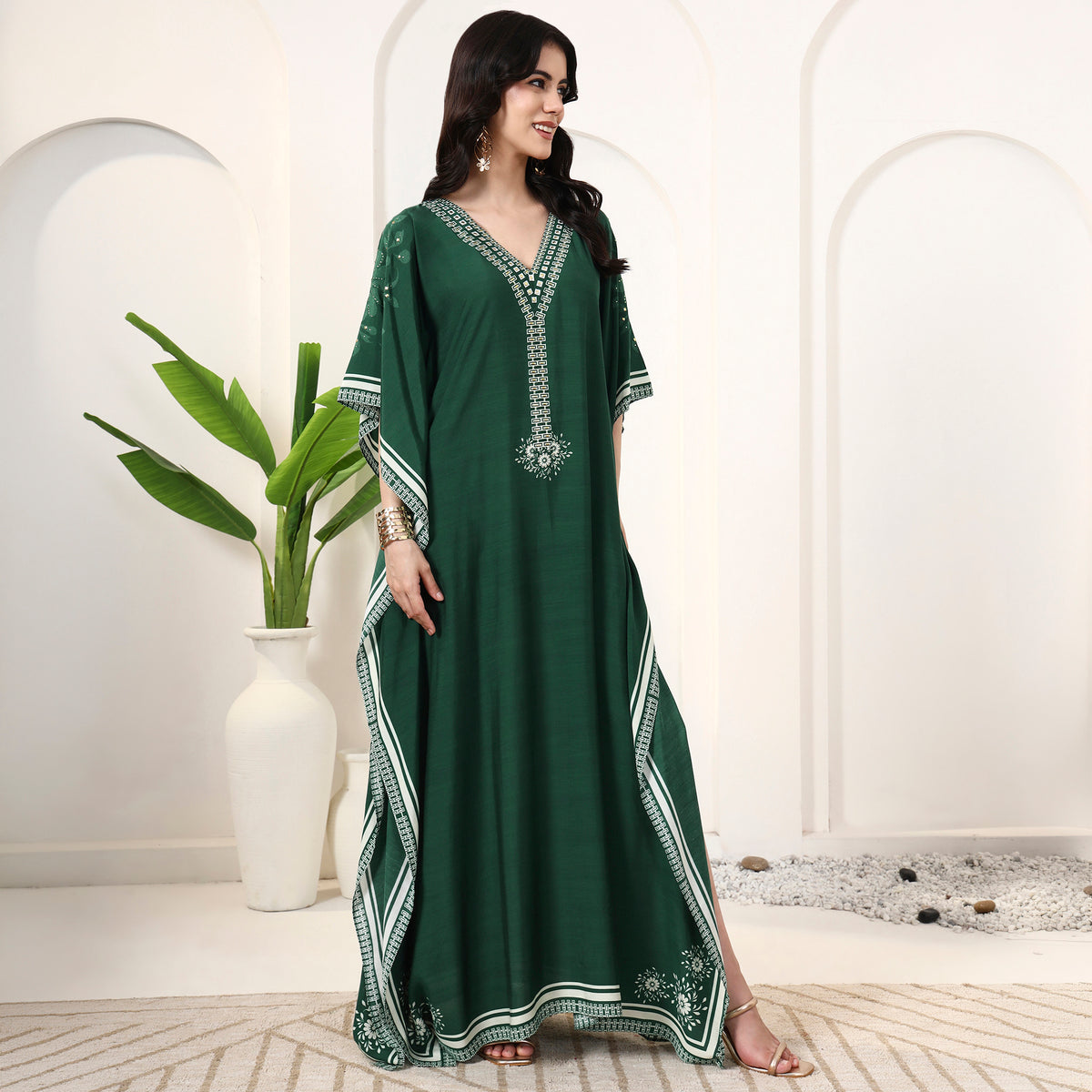 Green Geometric Print Kaftan for Women – Muslin – Side View | First Resort by Ramola Bachchan