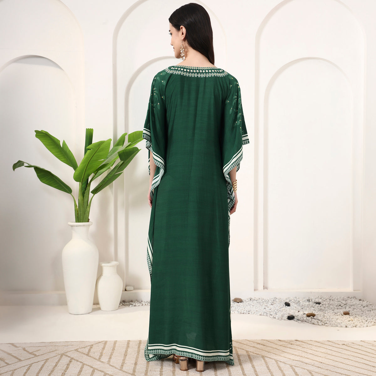 Green Geometric Print Kaftan for Women – Muslin – Detail View | First Resort by Ramola Bachchan