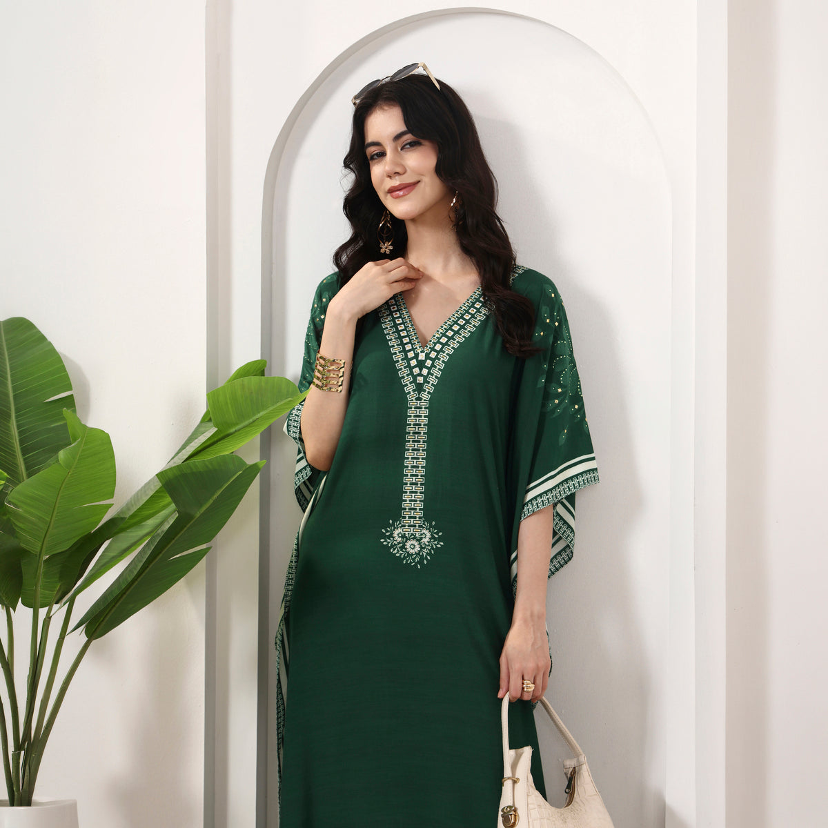 Green Geometric Print Kaftan for Women – Muslin – Back View | First Resort by Ramola Bachchan