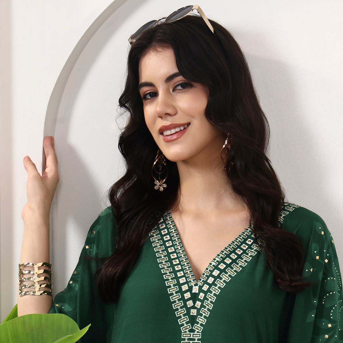 Green Geometric Print Kaftan for Women – Muslin – Close Up | First Resort by Ramola Bachchan