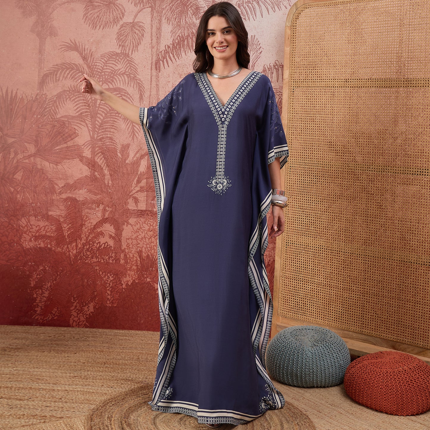 Navy Blue Bohemian Geometric Kaftan