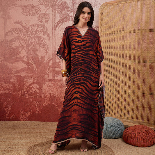 Brown Tiger Print Embellished Full Length Kaftan