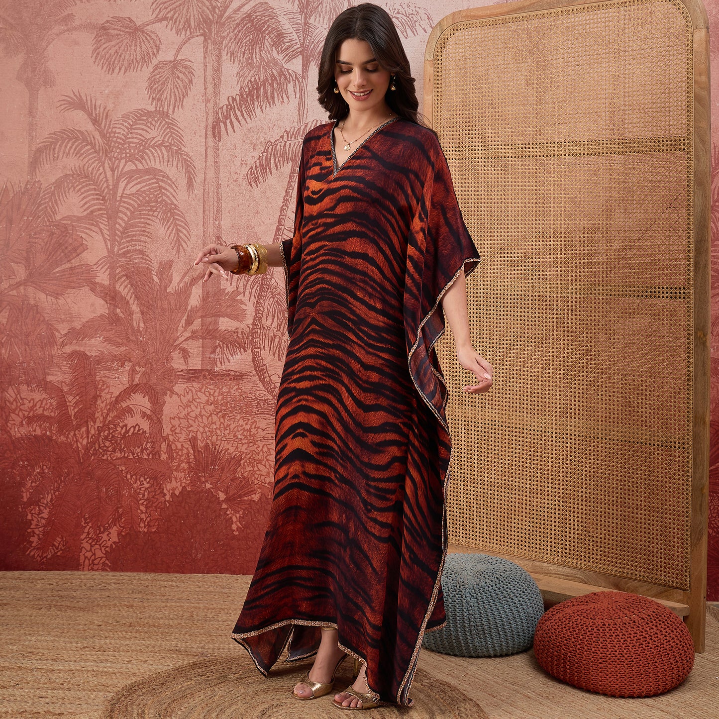Brown Tiger Print Embellished Full Length Kaftan