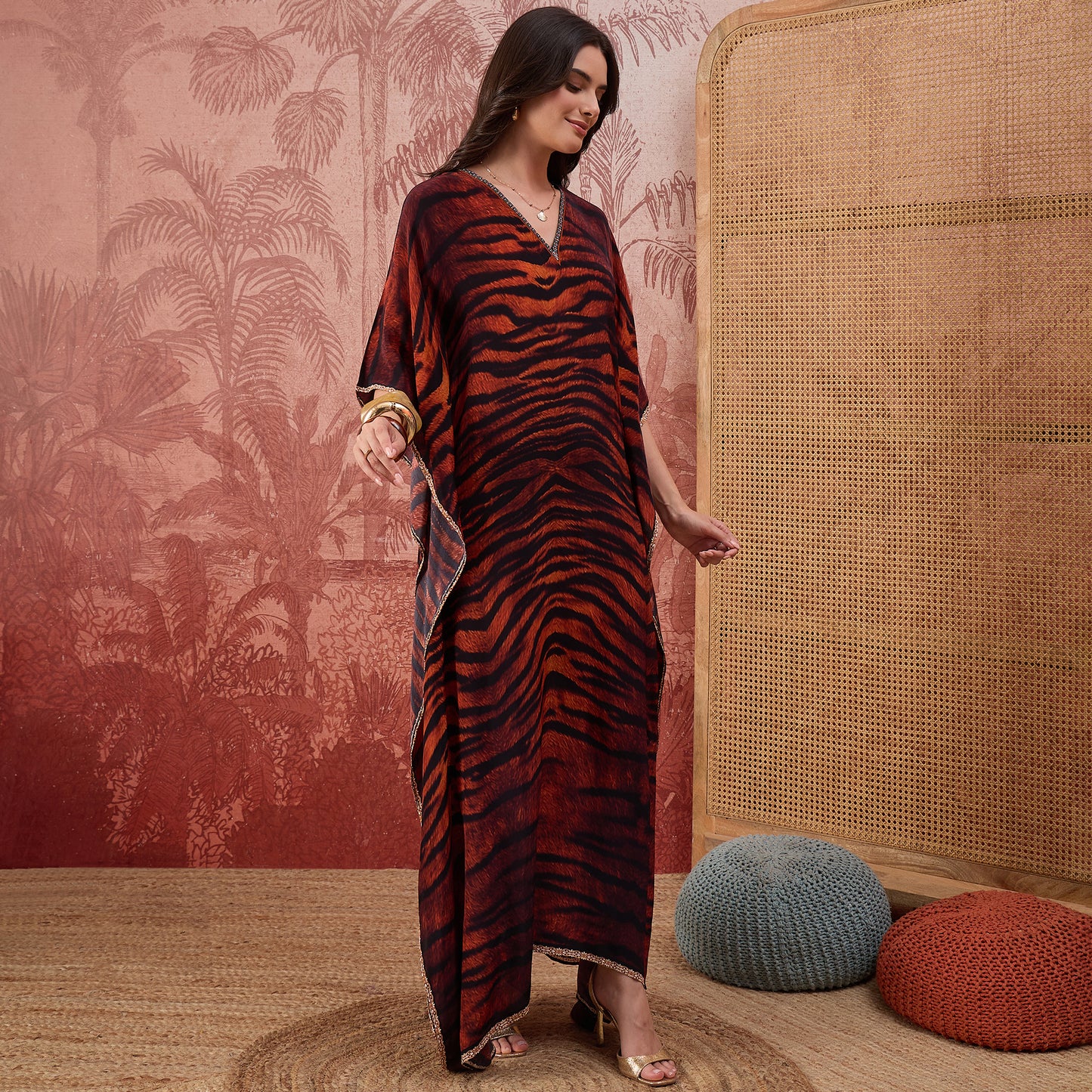 Brown Tiger Print Embellished Full Length Kaftan