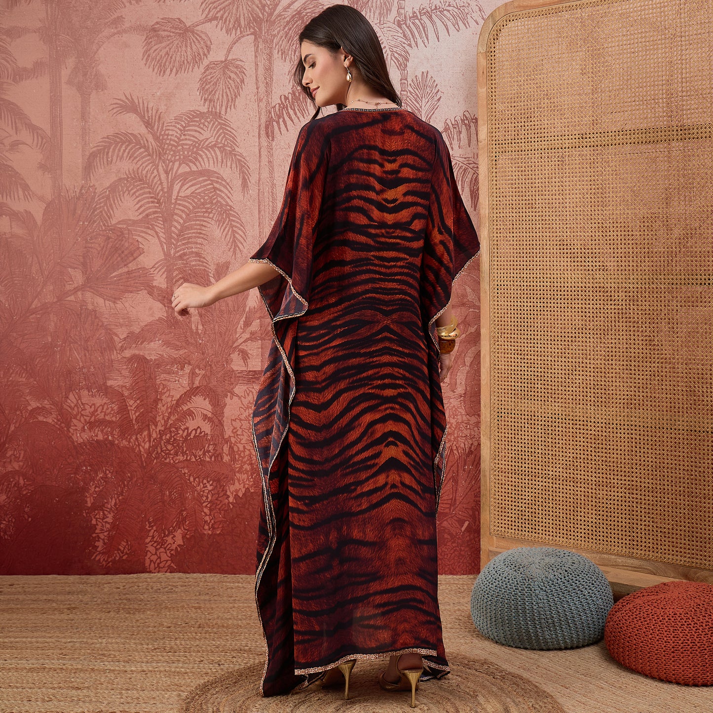 Brown Tiger Print Embellished Full Length Kaftan