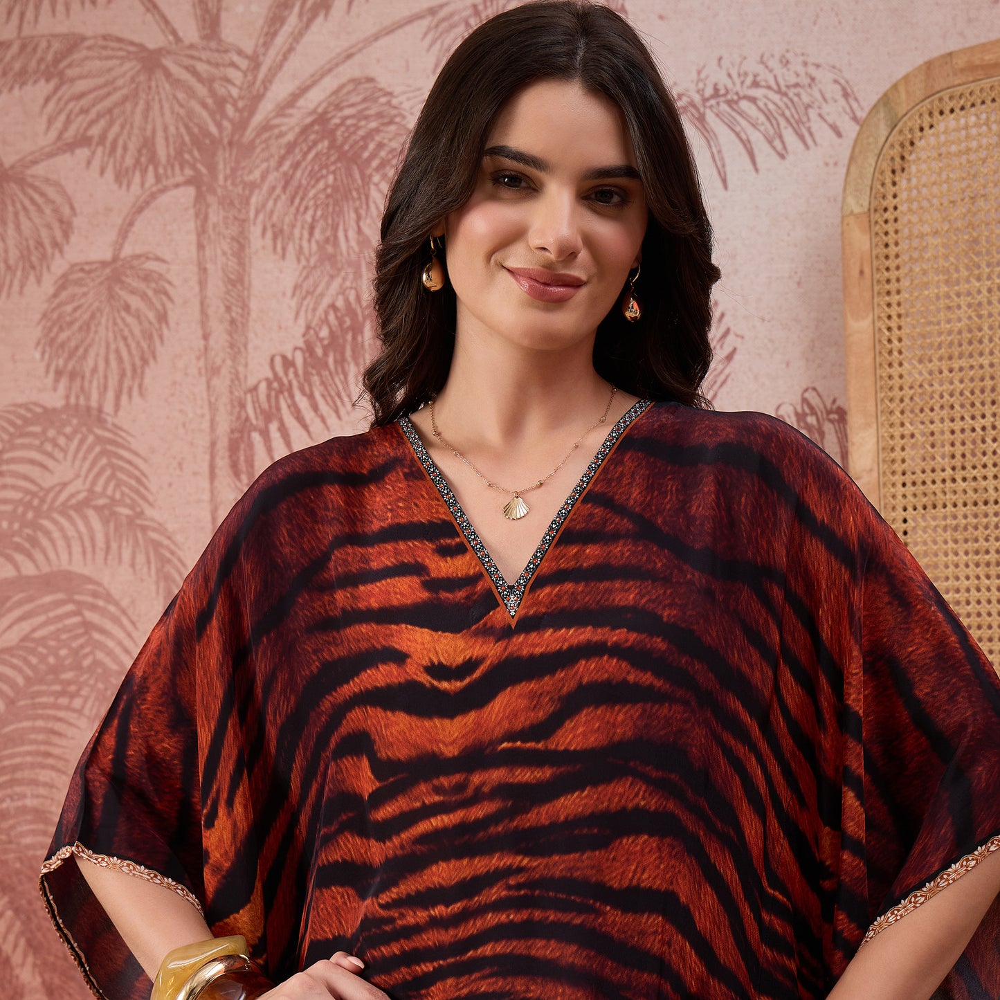 Brown Tiger Print Embellished Full Length Kaftan