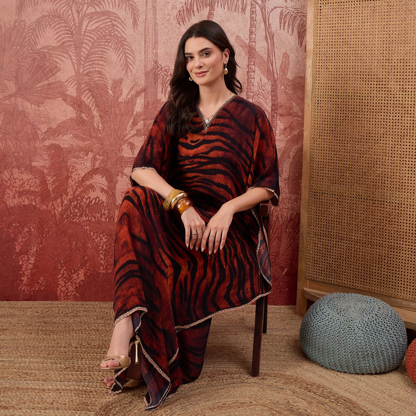Brown Tiger Print Embellished Full Length Kaftan