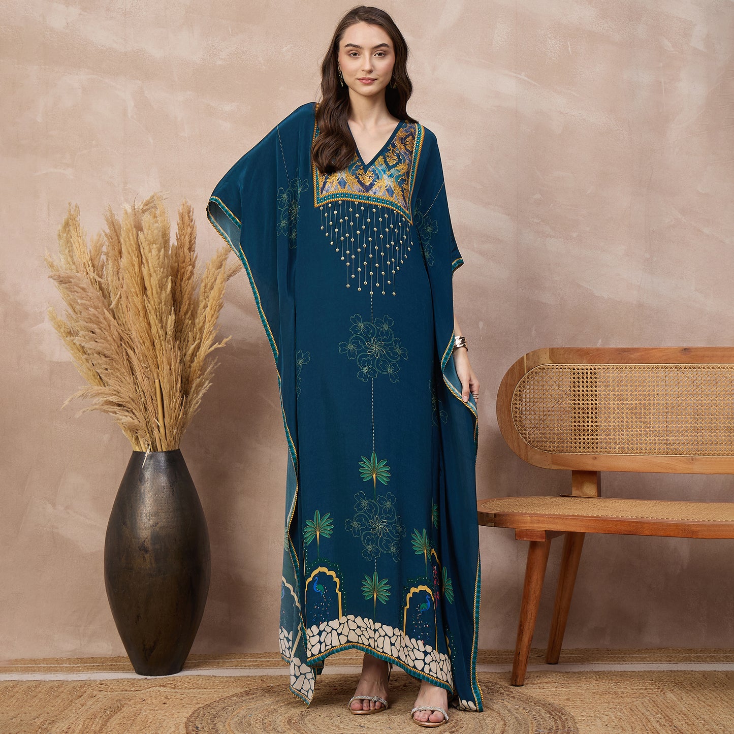 Blue Floral Print Kaftan for Women – Viscose Crepe | First Resort by Ramola Bachchan