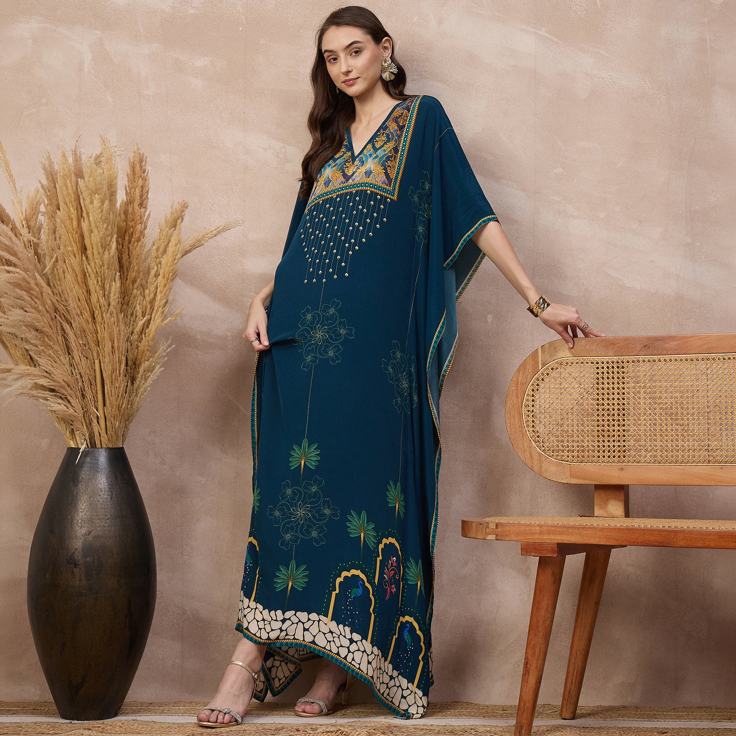Blue Floral Print Kaftan for Women – Viscose Crepe – Front View | First Resort by Ramola Bachchan