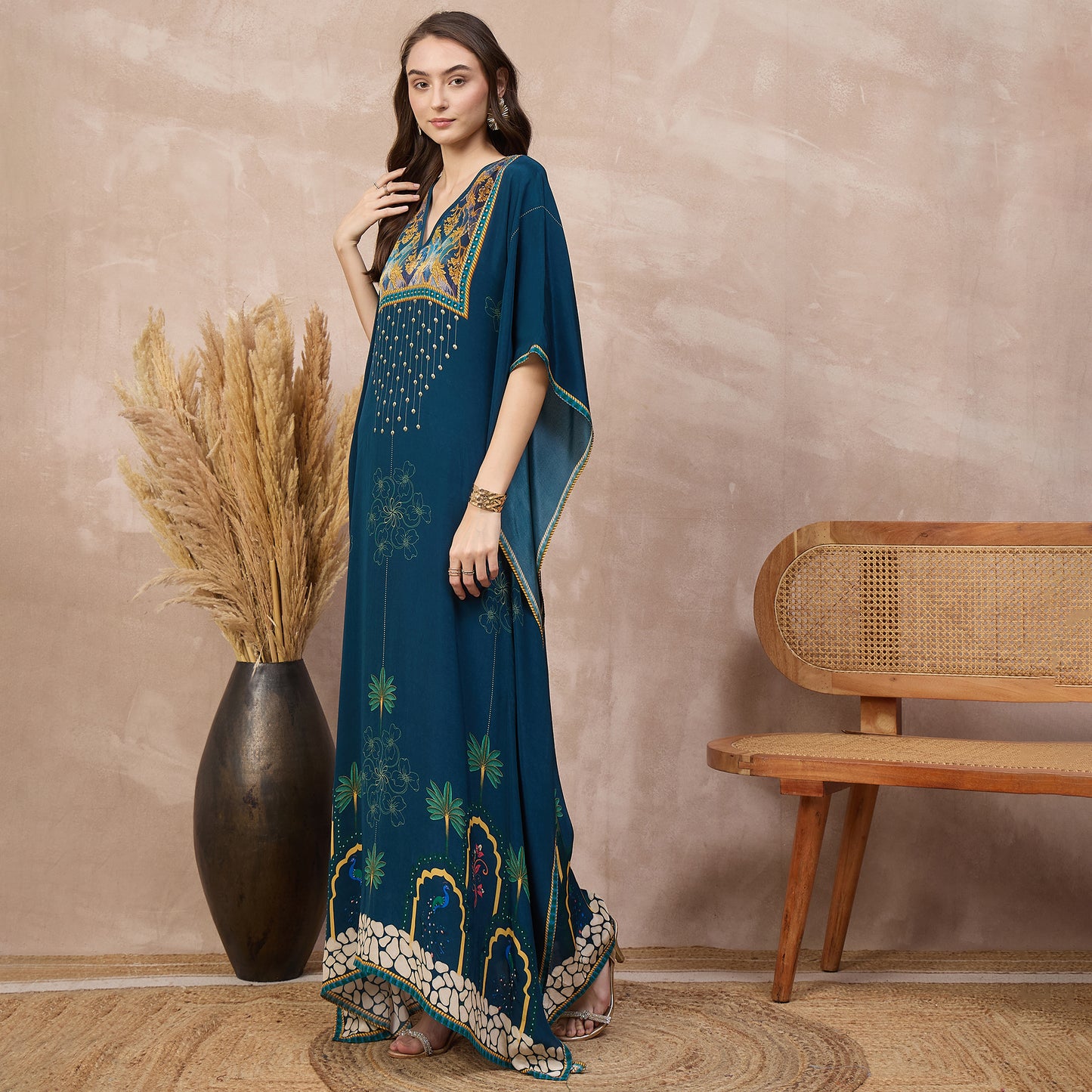 Blue Floral Print Kaftan for Women – Viscose Crepe – Model View | First Resort by Ramola Bachchan