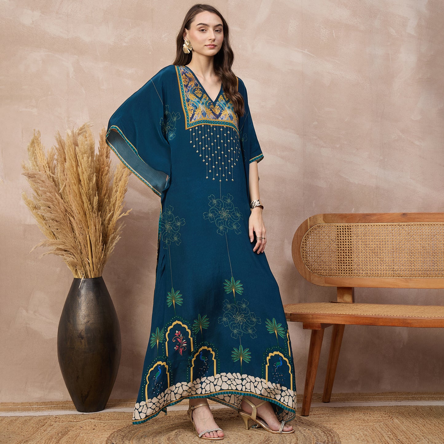 Blue Floral Print Kaftan for Women – Viscose Crepe – Side View | First Resort by Ramola Bachchan