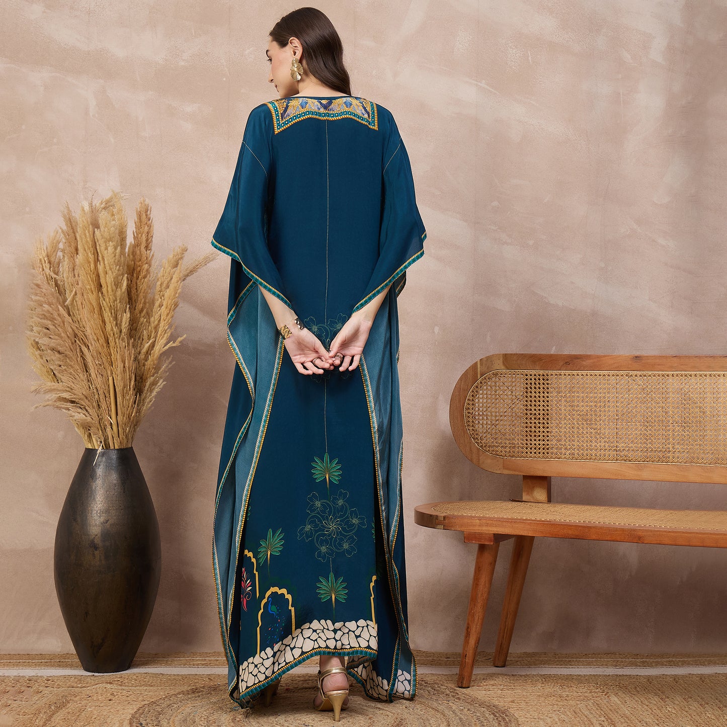 Blue Floral Print Kaftan for Women – Viscose Crepe – Detail View | First Resort by Ramola Bachchan