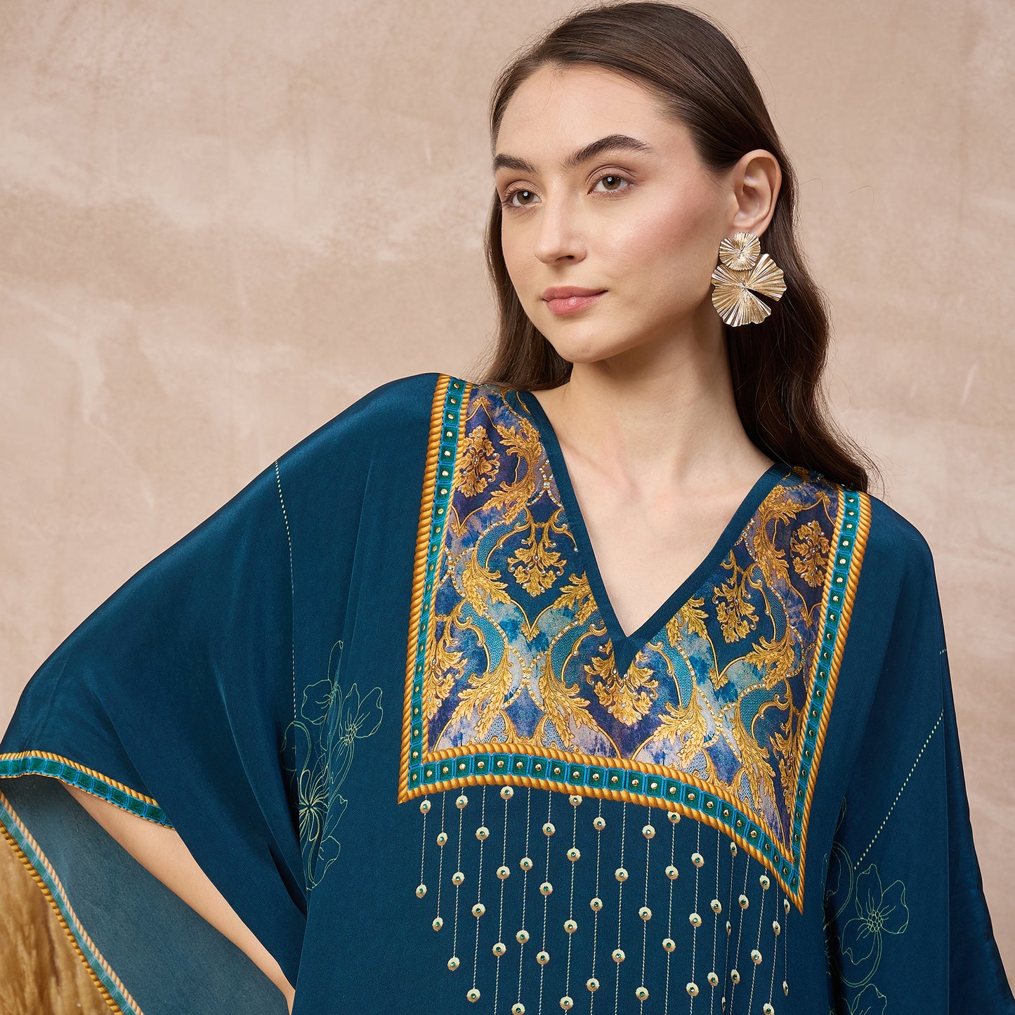 Blue Floral Print Kaftan for Women – Viscose Crepe – Back View | First Resort by Ramola Bachchan