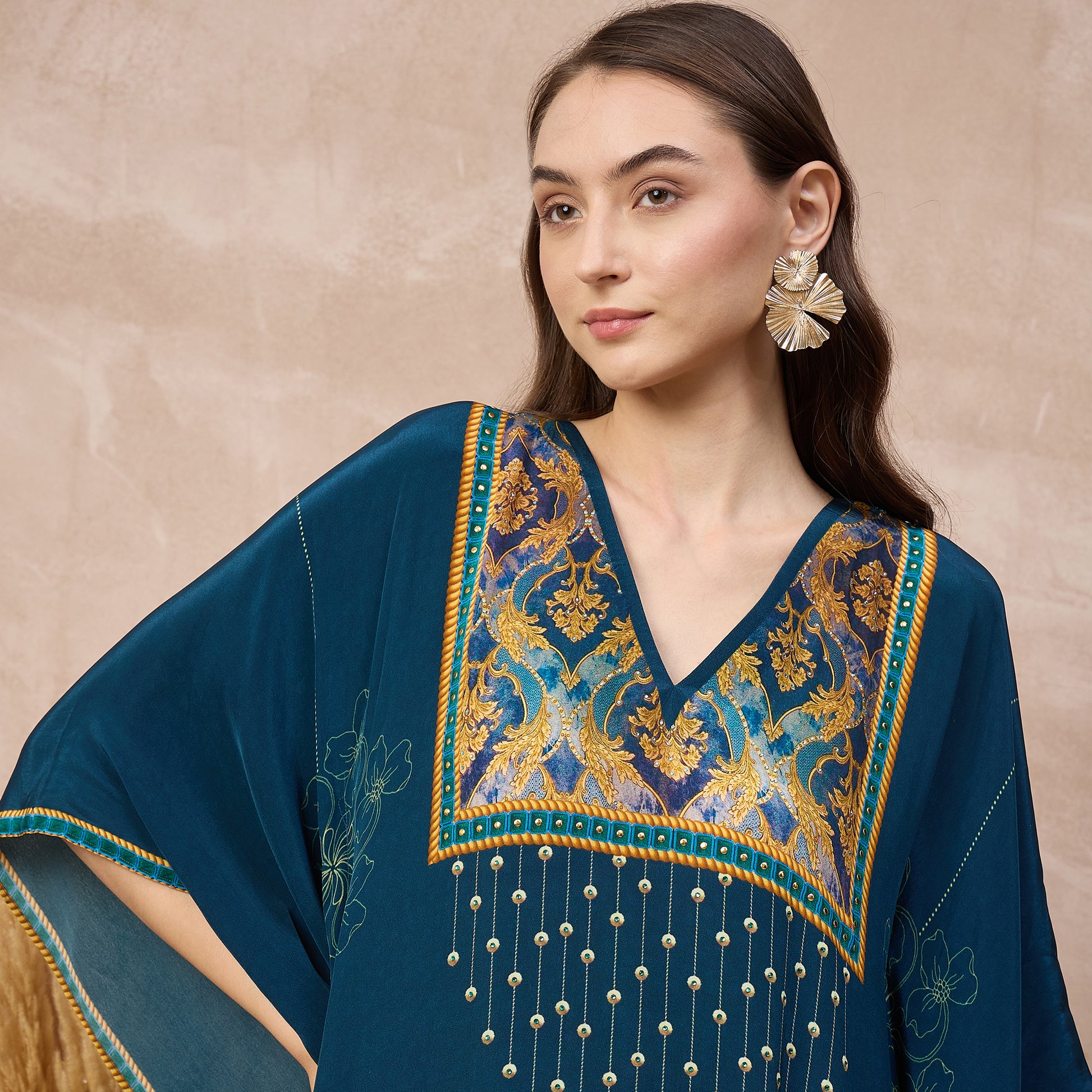 Blue Floral Print Kaftan for Women – Viscose Crepe – Back View | First Resort by Ramola Bachchan