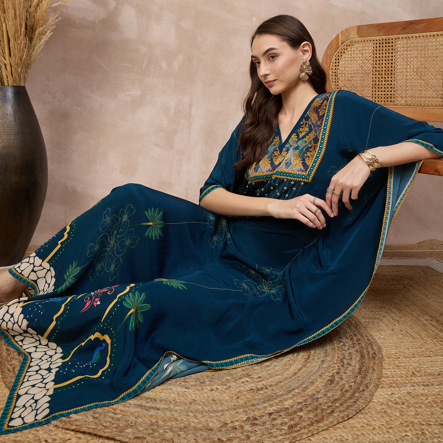 Blue Floral Print Kaftan for Women – Viscose Crepe – Close Up | First Resort by Ramola Bachchan