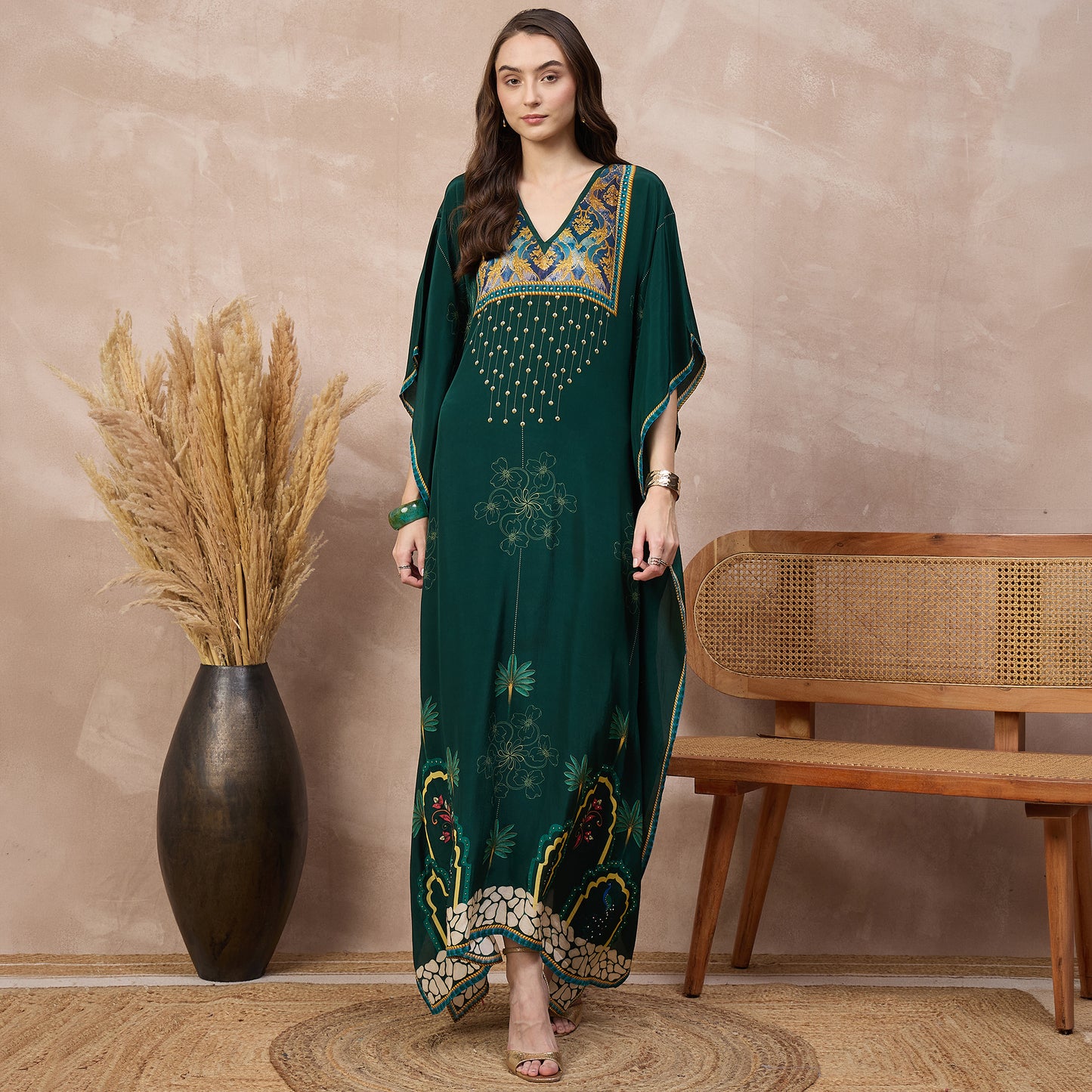 Green Floral Print Kaftan for Women – Viscose Crepe | First Resort by Ramola Bachchan